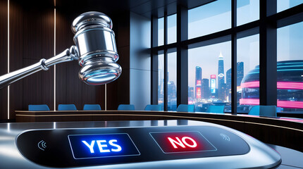 Modern Voting System with Gavel in a Cityscape Setting
