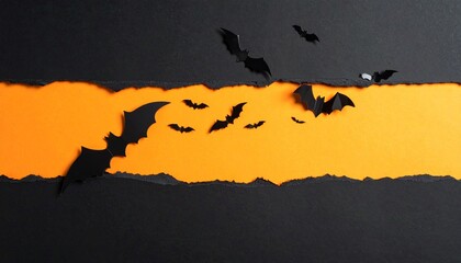 A creative Halloween-themed paper background featuring an orange torn opening with black paper bats appearing to fly out of the hole,  a playful design perfect for spooky creative projects