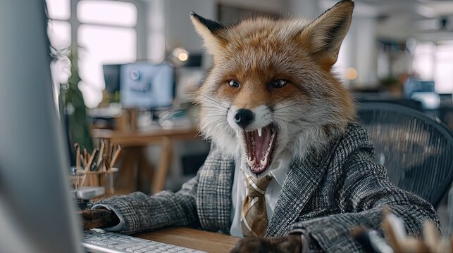 A fox in a suit and tie yawning while working at a computer in an office setting. Tired business animal at work concept.