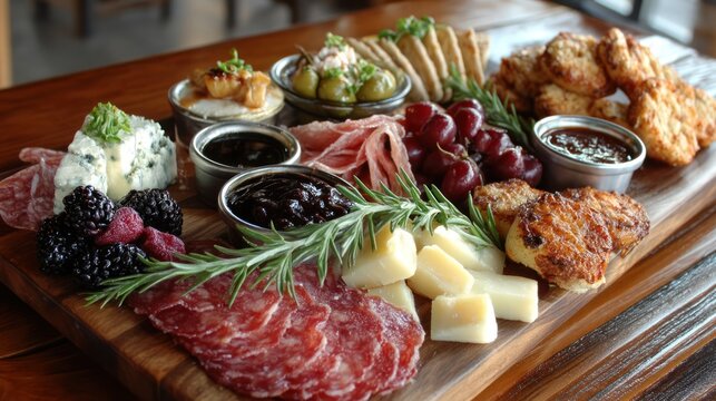 A gourmet charcuterie board overflowing with a variety of cheeses, cured meats, fruits, and accompaniments, presented beautifully on a rustic wooden platter.
