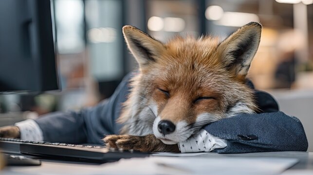 Fox wearing business suit sleeping on office desk with computer keyboard, depicting worker fatigue and burnout, funny concept for work-life balance issues.