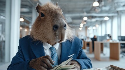 Capybara in a business suit counts money in an office, symbolizing financial success and wealth management.