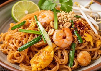 Delicious Pad Thai with Shrimp and Fresh Ingredients.