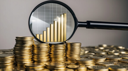 Growing Investment: Gold coins with a magnifying glass over a rising graph.
