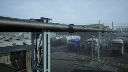 Naklejka premium Steel pipes stretch across a misty industrial yard buzzing with activity. Numerous trucks and trailers stand parked, creating a scene that encapsulates the essence of a busy logistics hub.