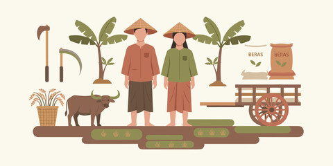 Fototapeta premium Traditional Asian Rice Farming Scene with Farmers and Agricultural Elements – A Flat Vector Illustration Depicting Rural Life, Harvest, and Essential Farm Tools and Livestock