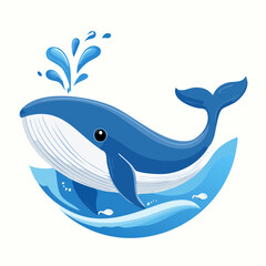 Blue cartoon whale spouting water waves isolated on white background