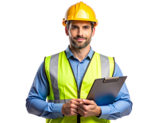 Construction Worker Holding Clipboard, Front View, Transparent Background