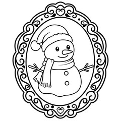 Christmas photo frames and cute animals black outline. snowman.
