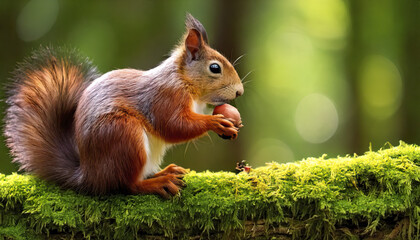Fototapeta premium Red squirrel holding nut on mossy log in forest with bright eyes and sharp focus, natural wildlife scene with vibrant green background and detailed fur texture