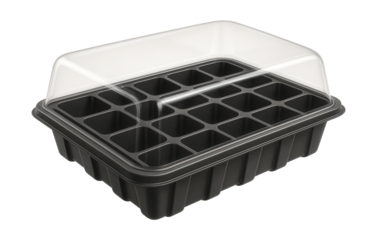 Large seedling tray with a clear dome lid for greenhouse conditions on a balcony.