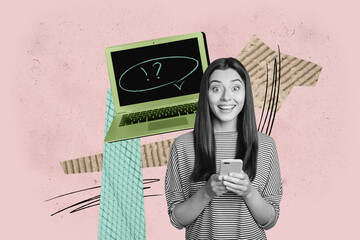 Exclusive art creative pop collage of happy businesswoman businessman stand laptop device receive bubble communication chat