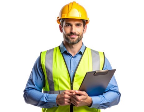 Construction Worker Holding Clipboard, Front View, Transparent Background