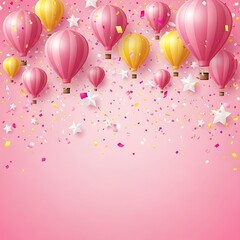 Celebratory Pink Hot Air Balloons with Confetti and Stars Background.