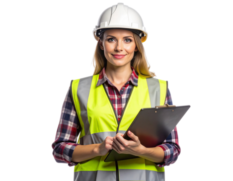 Construction Worker Holding Clipboard, Front View, Transparent Background