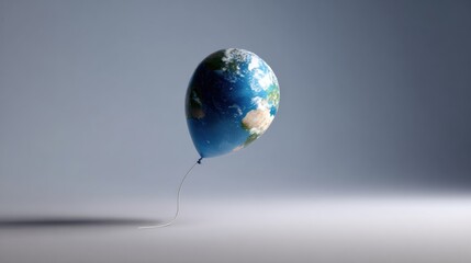 Earth shaped balloon floating in empty studio space conveying fragile planet concept and soft melancholy mood