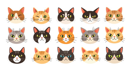 A collection of adorable pixel art cat faces with various emotions and colors.