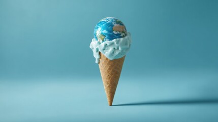 Melting earth scoop on waffle cone with blue cream drip symbolizes climate change and environmental urgency, surreal food concept evoking concern and fragile planet emotion