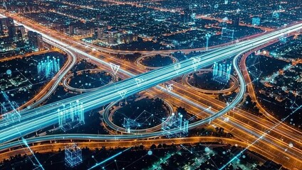 An aerial view of a futuristic highway interchange at night, with digital overlays of data networks - Powered by Adobe
