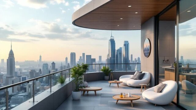 Luxury Penthouse Balcony View of New York City Skyline at Sunset.