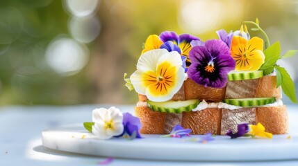 Fototapeta premium Colorful edible flower sandwich arrangement with cucumber and cream cheese, beautifully presented on a light surface