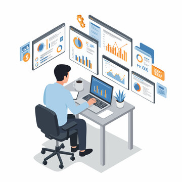 Isometric Illustration of Man Working on Laptop Analyzing Data Dashboard