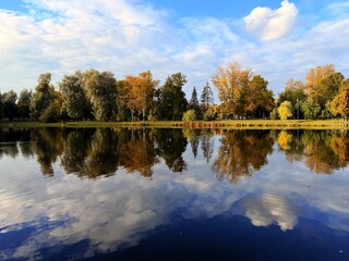 autumn trees reflection on the blue lake surface, autumn lake in the park