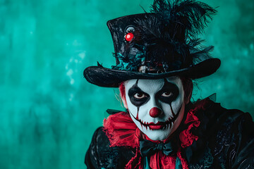 Person in Gothic Halloween Costume With Feathered Top Hat and Red Accents