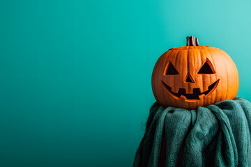 Jack-o'-Lantern Pumpkin on Teal Background With Fabric