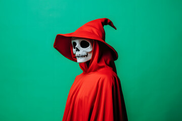 Person in red skeleton costume with pointy hat on green background