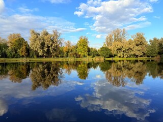 autumn trees reflection on the blue lake surface, autumn lake in the park