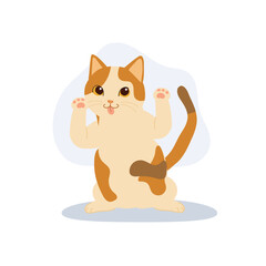a calico cat sitting upright with its paws raised and tongue out