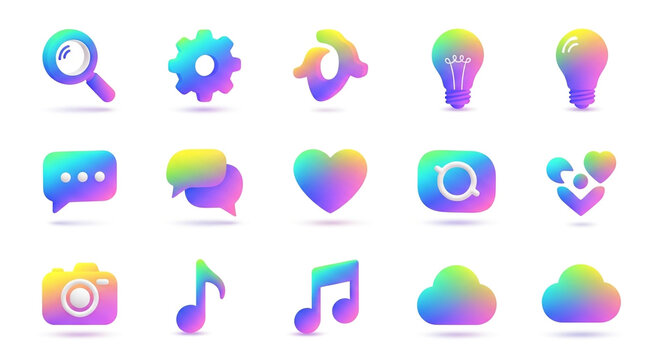 Set of colorful gradient icons isolated on white background, representing various aspects of modern communication and technology - Powered by Adobe