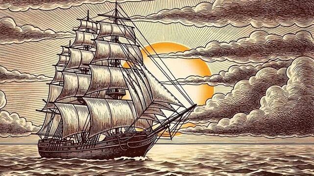 Sailing vessel on open water with sunlight engraving illustration