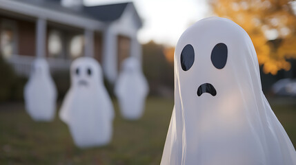 Spooky spectral outdoor display. Classic costume party decoration brings a playful Halloween vibe to the lawn. A ghostly gathering in the fall.