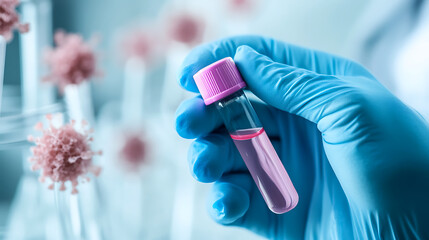 Research Hand: A gloved hand holds a vial of pink liquid, set against a backdrop of virus models in a lab, signifying medical research.