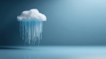 Cloud icon rain visual metaphor cloud dripping long blue rain lines in minimal studio setting creating surreal emotional mood