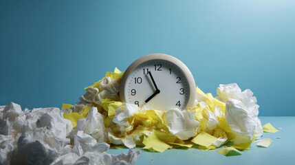 Clock resting in pile of crumpled paper and sticky notes suggesting deadline pressure and wasted time