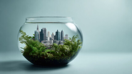 Miniature cityscape in glass bowl with greenery and water creating surreal urban terrarium, tranquil and imaginative scene blending nature and architecture