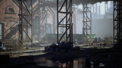 In the early morning, an abandoned warehouse stands in stillness. Rays of light break through broken windows, illuminating debris and overgrown plants scattered across the floor.