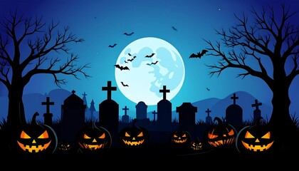 Spooky Halloween Graveyard Scene with Pumpkins.