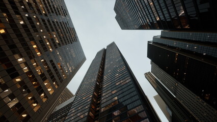 Looking up, the towering skyscrapers stretch into the twilight sky. Their glass facades reflect the soft glow of lights as the day turns to night in a vibrant urban landscape. © icetray