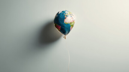 Earth balloon floating against blank background with soft shadow, slightly deflated and tied to thin string conveying fragile global concept