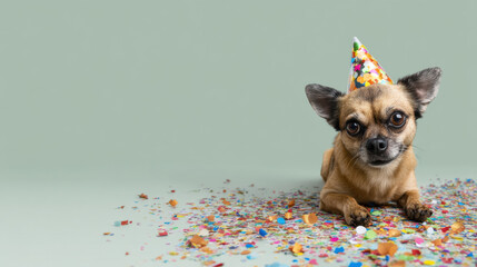 Cheerful small dog wearing colorful party hat lying on confetti scattered floor with neutral background, festive mood and playful expression