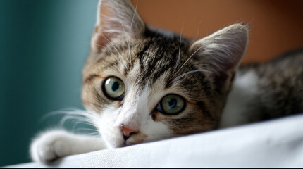 Playful kitten close up green eye tabby white fur domestic cat resting on couch curious expression soft natural light intimate portrait