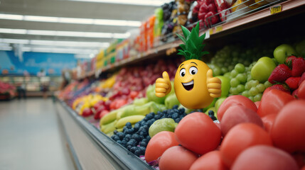 Cheerful pineapple emoji giving thumbs up in supermarket produce aisle surrounded by fruit and colorful display, playful mood and vibrant color palette