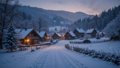 Soft snowfall in a peaceful village landscape at twiligh