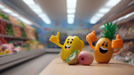 Happy smiling mango and pineapple characters giving thumbs up in colorful grocery aisle with fresh fruit and playful mood