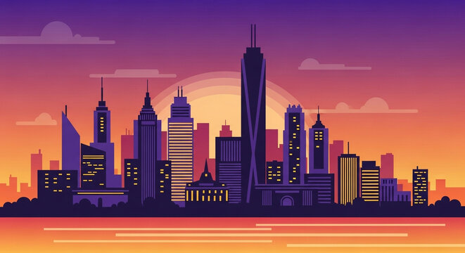 Vibrant cityscape silhouette at sunset, featuring modern architecture, skyscrapers, and a warm color palette in a vector style