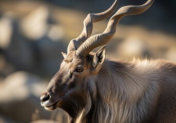 Majestic Markhor Portrait - A Close-Up of Wild Goat with Spiraled Horns.